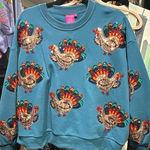 QUEEN OF SPARKLES Teal Turkey Embroidered Small Sweatshirt and XS Joggers Blue Photo 0