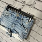American Eagle Blue Jean Shorts Distressed Frayed Hem SZ 2 Biker High Waist Y2K Photo 6