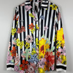 Oo La La Top Women's L Multi Floral Striped Button Front Long Sleeve Retro Artsy Size L Photo 0