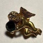 Avon Holiday Lapel Tack Pin Gold Tone Green Rhinestone Cherub Angel Photo 0