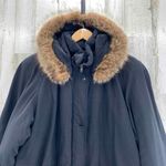 Gallery Vintage 80s  Coat Womens Medium Black Rayon Blend Raccoon Fur Trim‎ Hood Photo 3
