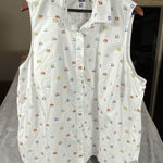 Lands' End Women 22 Plus Top Sleeveless Collared White Happy Camper Print RV Fun Photo 0