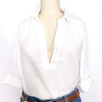 Sigrid Olsen  Size M 100% Linen White Popover Blouse Shirt Collar Deep V Neck Photo 0