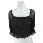 Urban Outfitters Black Puff Half Sleeve Mesh Smocked Ruffle Cropped Blouse Top L Photo 3