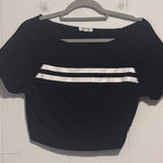 Black Cropped Off Shoulder Top Short Sleeve White Stripe Detail Women's XS Photo 0
