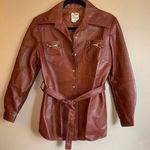 VINTAGE Brown Faux Leather Belted Shirt Jacket Size SMALL MEDIUM Pearl Snap 70s Photo 0