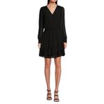 Michael Kors  Georgette Mini Dress Medium Black Long Sleeve Smocked Wrap Party Photo 2