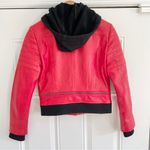 Alice + Olivia  Avril Red Leather Moto Jacket with Attached Hoodie Photo 1