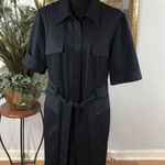 Sandra Darren  Dress 16 Navy Blue Pinstripes Button Closure Collared Short Sleeve Photo 0