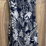 Old Navy Blue White Leaf Pattern Buttoned Linen Sun Dress, Small Photo 0
