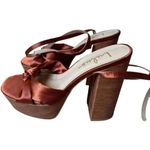 Lulus Lulu’s Lucianto Copper Satin Ankle Strap Wooden Platform Sandals SZ 6 Photo 2