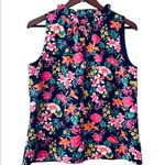 J.Crew  Factory Navy Blue Multi Color Bright Floral Ruffle Neck Top Blouse Size S Photo 0