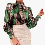 Amazon Women's Casual Long Sleeve Mock Neck Office Leopard Satin Blouse Top Shirt LARGE Photo 0