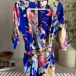 Yumi Kim Silk Floral Wrap Romper Blue Tropical Print M Photo 1