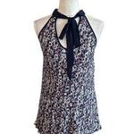 Entro  Floral Print Tie Neck Halter Top Blouse Pleated Navy Blue S Office Siren Photo 1
