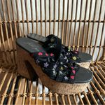 Free People  Lisbon Chunky Platform Heels Black Suede Flower‎ Embroidery Size 39 Photo 1