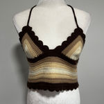 Source Unknown Crochet Halter Top Brown‎ Tan Ombre Scalloped Trim Lace Up Back Festival  Small Photo 0