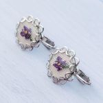 Vintage Clip On Earrings Silver Tone with Purple Flower Floral Design Photo 2