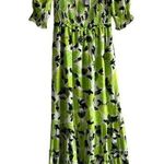 Steve Madden NEW Lime Green Print, Ruffle Short Sleeves, Ruched Midi Dress Photo 0