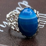 Handmade Blue Striped Glass Statement Ring Adjustable Stainless Steel Filigree Photo 0