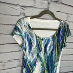 Calvin Klein Jeans Women's Blue Feather Print Top SZ Petite S Crew Relaxed Fit White Photo 2