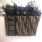 Fendi  Navy Blue Tan Wool Silk Scarf with Decorative Tassels Photo 11