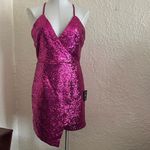 Lulu’s Hilaria Fuschia Pink Sequin Halter Asymmetrical Hem Mini Dress NWT M Size M Photo 4