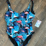 New Hot Coals scoop neck and a‎ low back swimming suit flamingos Size Medium Blue Photo 0