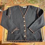 Vintage Lucia Black 100% Wool Cardigan Jacket Whipstitch Trim Button Front Cozy Size L Photo 13