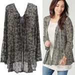 LOGO By Lori Goldstein  Printed Sheer Lace Cardigan with Tie Gray ish Floral Boho Photo 2