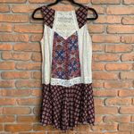 Umgee  Women's Boho‎ Lace Tassel Tie Neck Sleeveless Swing Mini Dress Red Size S Photo 2