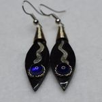 Unique Art Deco Black Glass Blue Rhinestone Silver Tone Dangle Hook Earrings Photo 0