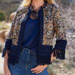 Boston Proper  Fringe Tapestry Novelty Jacket Navy Multicolor Photo 15