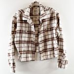 American Eagle  Cozy Cabin Cropped Flannel Button-Up Shirt Brown White Medium Photo 1