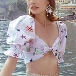 Hill House  Isabella Puff Sleeve Crop Top w/Front Tie & Smocking - Sea Creatures Photo 0