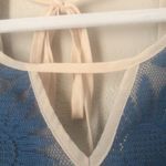 A’reve Size M Boho Lined Lace Blouse Top Semi Sheer Bell sleeves and Tie at Neck Blue Size M Photo 3