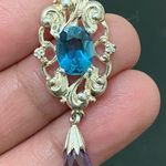 Sterling Silver Vintage 925 Signed Blue Topaz Amethyst Teardrop Pendant 3.9g Photo 7
