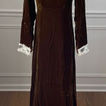 Vintage 70s Brown Velvet Maxi Dress Lace Collar Cuff XS Photo 0