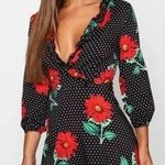Boohoo Retro Pinup Rockabilly Polka Dot & Floral Ruffle Hem Dress Size 2 XS Photo 0