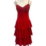 None VTG 70s Red Tiered Ruched Bodice Spaghetti Strap Ruffle Dress Union USA Made XS Photo 2