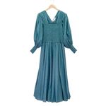 Abacaxi Eva Dress Teal Metallic Cotton Maxi Puff Sleeve Smocked Bodice Sz Large Green Photo 2