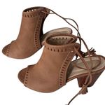 Five Worlds Marseilles Sandals Cocoa Size US 8 l Euro 38 Brown Peep Toe Lace Up Tassels Wooden Heel Photo 2