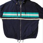 Forever 21 Navy Blue Full Zip up Hooded Jacket Windbreaker with Teal Stripes L Photo 8