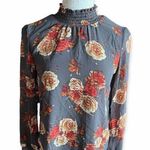 Midnight sky Womens  High Neck Floral Print Long Sleeve  Blouse Flowy Top - Sz S Photo 0