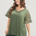 Bloomchic  V Neck Floral Crochet Blouse Top Short Sleeve Green 14-16 Photo 1