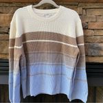 Design History  ivory cream colorblock taupe blue stripe tan crewneck sweater Photo 2