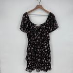 ROW A Black Pink Floral Ruffle Tiered Mini Dress Short Sleeve Square Neck M Size M Photo 1