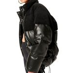 Good American Womens Faux Leather Short Puffer Jacket Sherpa Black 4 US XL Photo 1