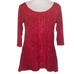 Pretty Red on Red Tie Dye Popover Top Sequin Embellishment Silky 3/4 Sleeve Photo 1