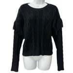 T Tahari Black Fringe Cable Knit Round Neck Sweater Size S Ribbed Cuffs Hem Photo 5
